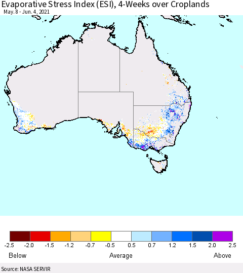Australia Evaporative Stress Index (ESI), 4-Weeks over Croplands Thematic Map For 5/31/2021 - 6/6/2021