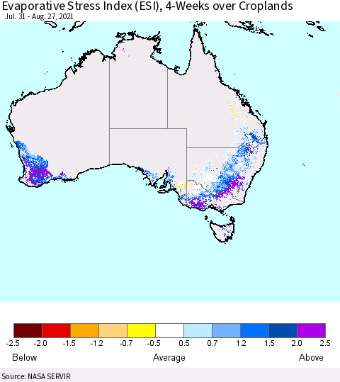 Australia Evaporative Stress Index (ESI), 4-Weeks over Croplands Thematic Map For 8/23/2021 - 8/29/2021