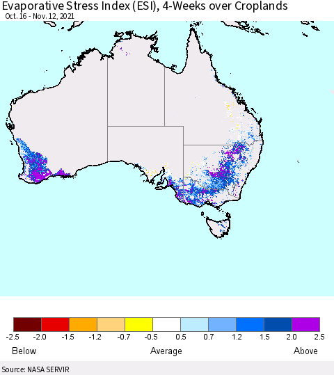 Australia Evaporative Stress Index (ESI), 4-Weeks over Croplands Thematic Map For 11/8/2021 - 11/14/2021