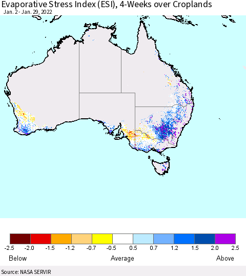 Australia Evaporative Stress Index (ESI), 4-Weeks over Croplands Thematic Map For 1/24/2022 - 1/30/2022