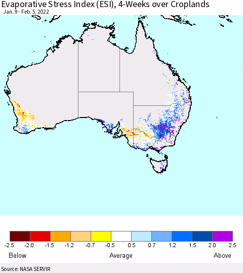 Australia Evaporative Stress Index (ESI), 4-Weeks over Croplands Thematic Map For 1/31/2022 - 2/6/2022