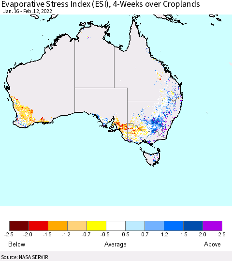 Australia Evaporative Stress Index (ESI), 4-Weeks over Croplands Thematic Map For 2/7/2022 - 2/13/2022