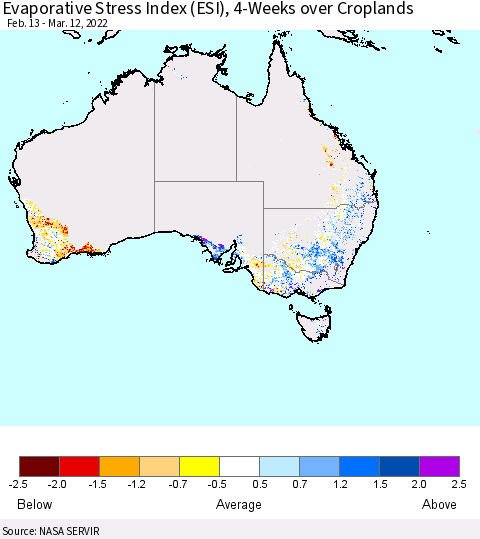 Australia Evaporative Stress Index (ESI), 4-Weeks over Croplands Thematic Map For 3/7/2022 - 3/13/2022