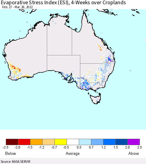 Australia Evaporative Stress Index (ESI), 4-Weeks over Croplands Thematic Map For 3/21/2022 - 3/27/2022