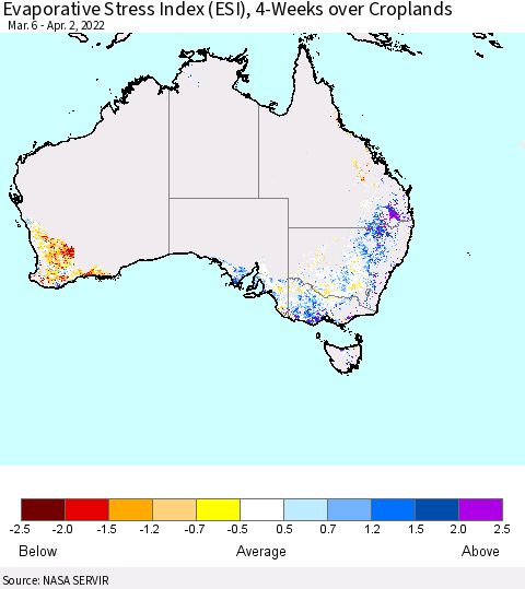 Australia Evaporative Stress Index (ESI), 4-Weeks over Croplands Thematic Map For 3/28/2022 - 4/3/2022