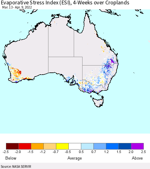 Australia Evaporative Stress Index (ESI), 4-Weeks over Croplands Thematic Map For 4/4/2022 - 4/10/2022