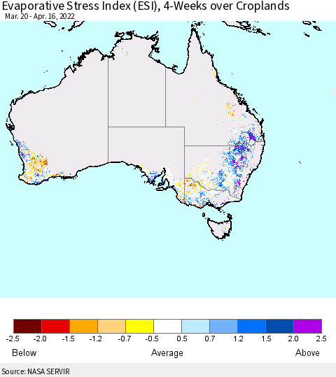 Australia Evaporative Stress Index (ESI), 4-Weeks over Croplands Thematic Map For 4/11/2022 - 4/17/2022