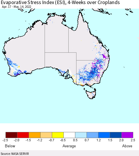 Australia Evaporative Stress Index (ESI), 4-Weeks over Croplands Thematic Map For 5/9/2022 - 5/15/2022