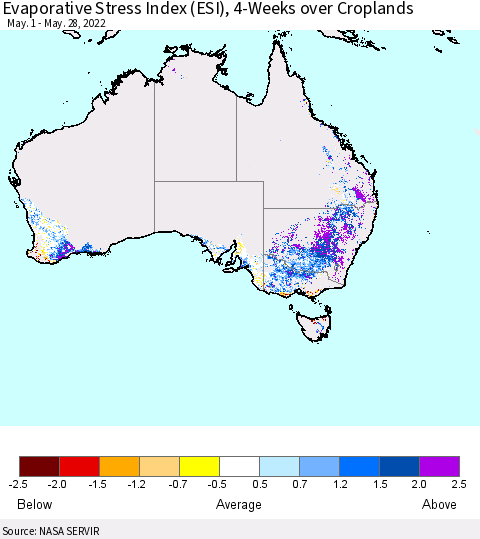 Australia Evaporative Stress Index (ESI), 4-Weeks over Croplands Thematic Map For 5/23/2022 - 5/29/2022