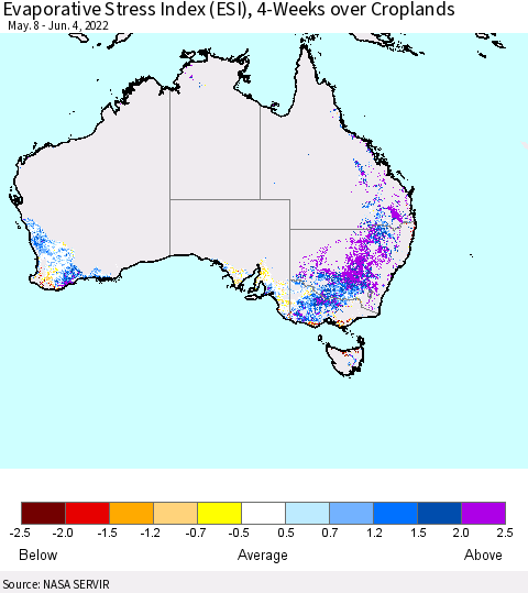 Australia Evaporative Stress Index (ESI), 4-Weeks over Croplands Thematic Map For 5/30/2022 - 6/5/2022