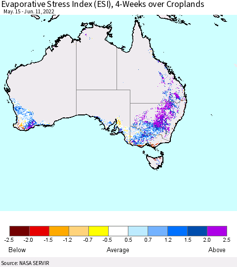 Australia Evaporative Stress Index (ESI), 4-Weeks over Croplands Thematic Map For 6/6/2022 - 6/12/2022