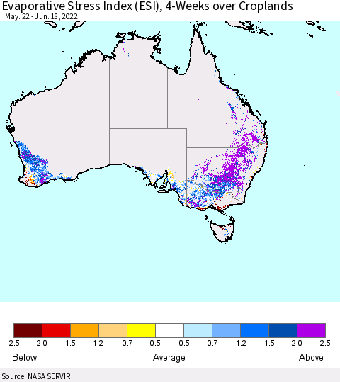 Australia Evaporative Stress Index (ESI), 4-Weeks over Croplands Thematic Map For 6/13/2022 - 6/19/2022