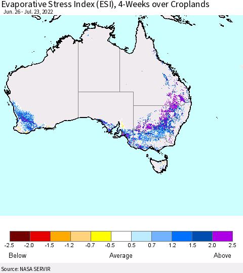 Australia Evaporative Stress Index (ESI), 4-Weeks over Croplands Thematic Map For 7/18/2022 - 7/24/2022