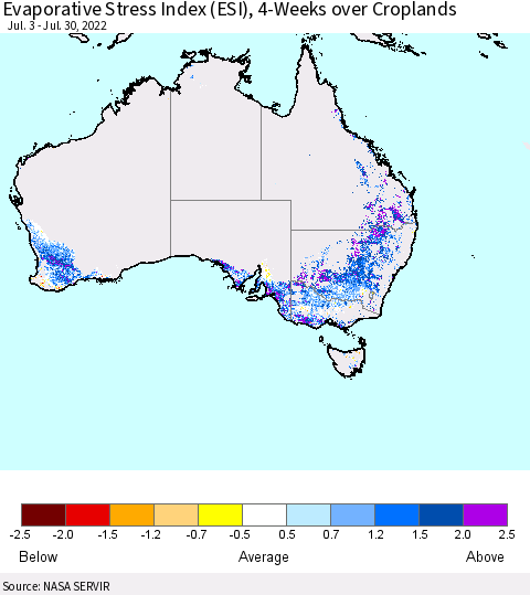 Australia Evaporative Stress Index (ESI), 4-Weeks over Croplands Thematic Map For 7/25/2022 - 7/31/2022