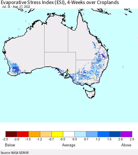 Australia Evaporative Stress Index (ESI), 4-Weeks over Croplands Thematic Map For 8/22/2022 - 8/28/2022