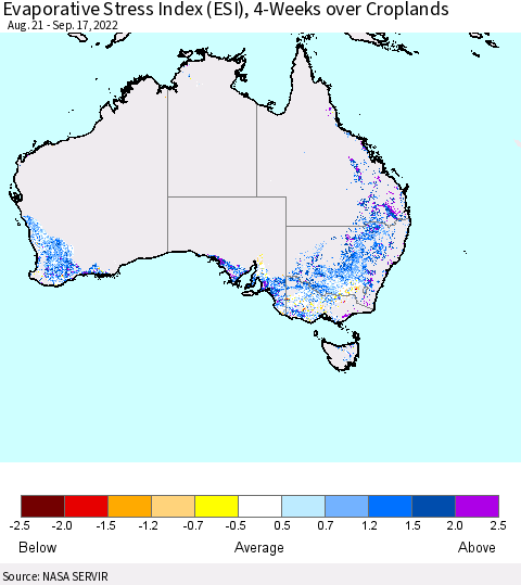 Australia Evaporative Stress Index (ESI), 4-Weeks over Croplands Thematic Map For 9/12/2022 - 9/18/2022