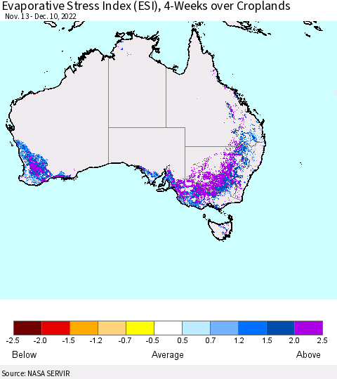 Australia Evaporative Stress Index (ESI), 4-Weeks over Croplands Thematic Map For 12/5/2022 - 12/11/2022