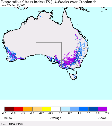 Australia Evaporative Stress Index (ESI), 4-Weeks over Croplands Thematic Map For 12/19/2022 - 12/25/2022