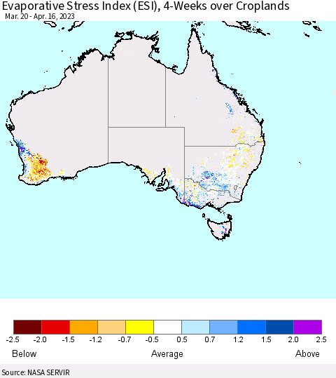 Australia Evaporative Stress Index (ESI), 4-Weeks over Croplands Thematic Map For 4/10/2023 - 4/16/2023