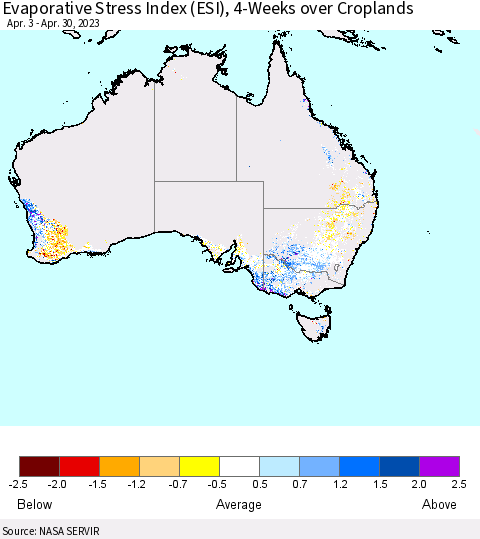 Australia Evaporative Stress Index (ESI), 4-Weeks over Croplands Thematic Map For 4/24/2023 - 4/30/2023