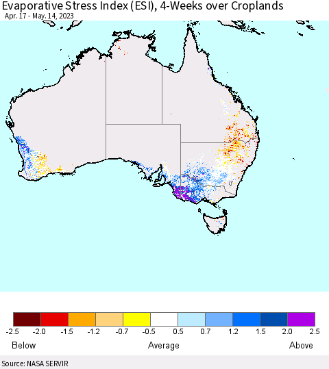 Australia Evaporative Stress Index (ESI), 4-Weeks over Croplands Thematic Map For 5/8/2023 - 5/14/2023