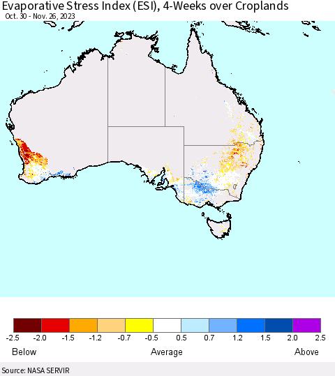 Australia Evaporative Stress Index (ESI), 4-Weeks over Croplands Thematic Map For 11/20/2023 - 11/26/2023