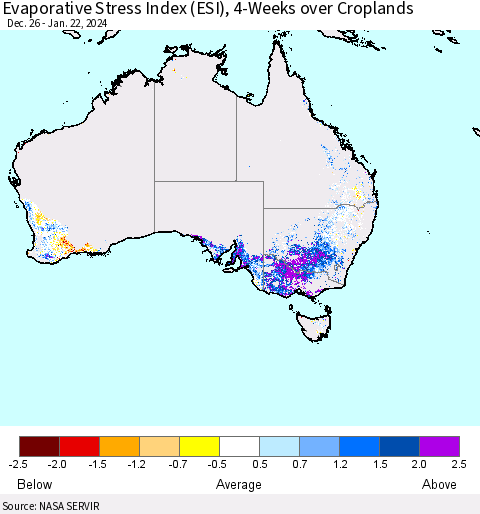Australia Evaporative Stress Index (ESI), 4-Weeks over Croplands Thematic Map For 1/22/2024 - 1/28/2024