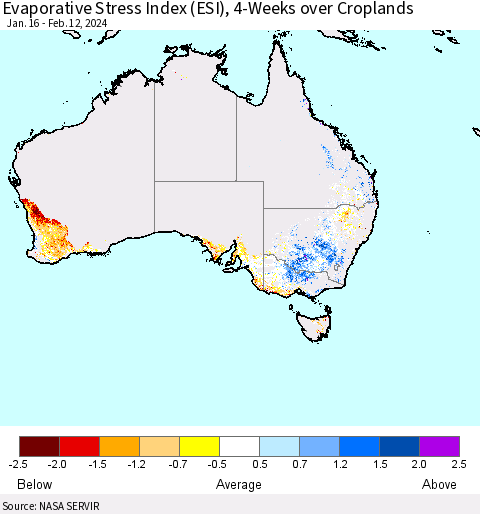 Australia Evaporative Stress Index (ESI), 4-Weeks over Croplands Thematic Map For 2/12/2024 - 2/18/2024