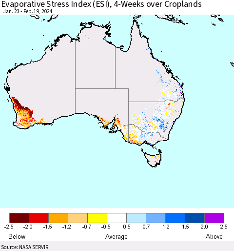 Australia Evaporative Stress Index (ESI), 4-Weeks over Croplands Thematic Map For 2/19/2024 - 2/25/2024