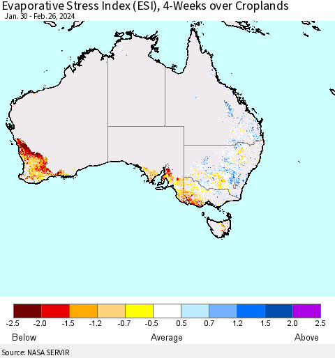 Australia Evaporative Stress Index (ESI), 4-Weeks over Croplands Thematic Map For 2/26/2024 - 3/3/2024