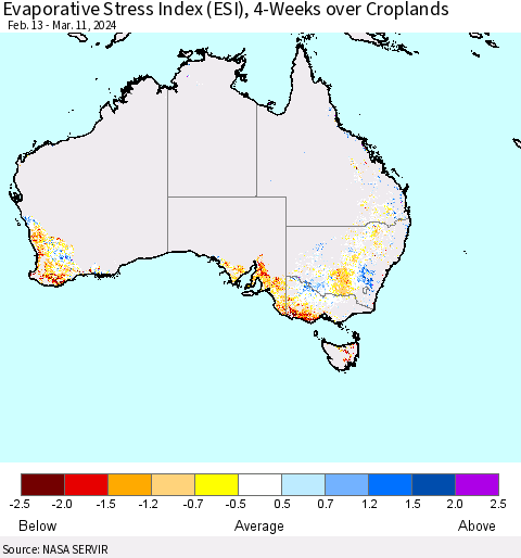 Australia Evaporative Stress Index (ESI), 4-Weeks over Croplands Thematic Map For 3/11/2024 - 3/17/2024