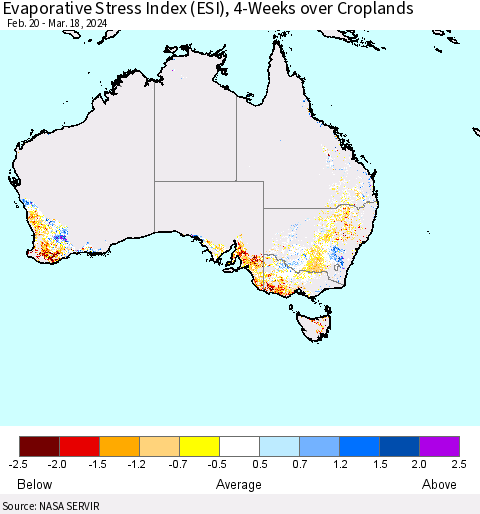 Australia Evaporative Stress Index (ESI), 4-Weeks over Croplands Thematic Map For 3/18/2024 - 3/24/2024