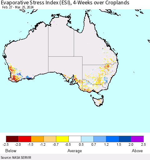 Australia Evaporative Stress Index (ESI), 4-Weeks over Croplands Thematic Map For 3/25/2024 - 3/31/2024