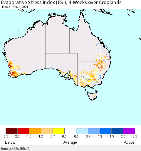 Australia Evaporative Stress Index (ESI), 4-Weeks over Croplands Thematic Map For 4/1/2024 - 4/7/2024