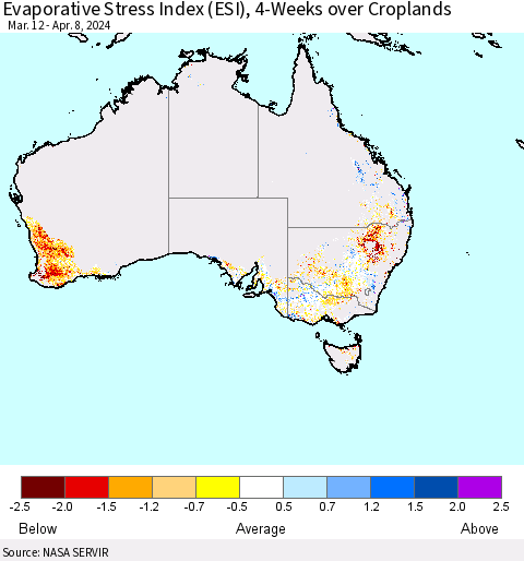 Australia Evaporative Stress Index (ESI), 4-Weeks over Croplands Thematic Map For 4/8/2024 - 4/14/2024