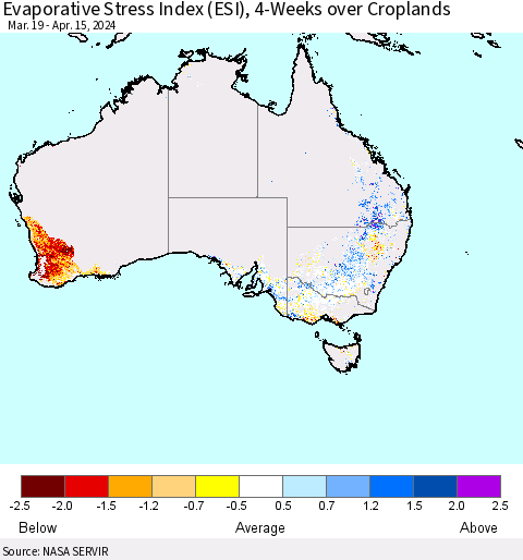 Australia Evaporative Stress Index (ESI), 4-Weeks over Croplands Thematic Map For 4/15/2024 - 4/21/2024