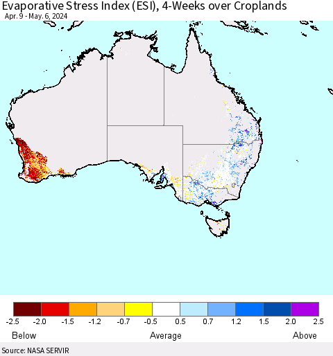 Australia Evaporative Stress Index (ESI), 4-Weeks over Croplands Thematic Map For 5/6/2024 - 5/12/2024