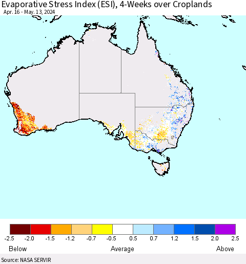 Australia Evaporative Stress Index (ESI), 4-Weeks over Croplands Thematic Map For 5/13/2024 - 5/19/2024