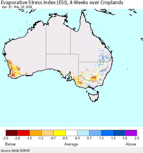 Australia Evaporative Stress Index (ESI), 4-Weeks over Croplands Thematic Map For 5/20/2024 - 5/26/2024