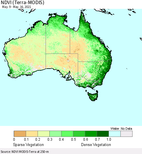 Australia NDVI (Terra-MODIS) Thematic Map For 5/9/2021 - 5/16/2021