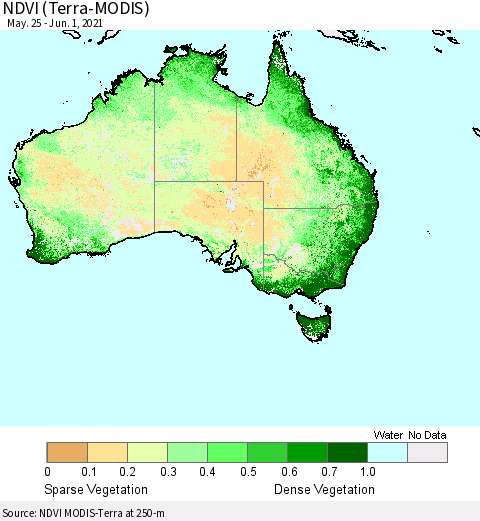 Australia NDVI (Terra-MODIS) Thematic Map For 5/25/2021 - 6/1/2021