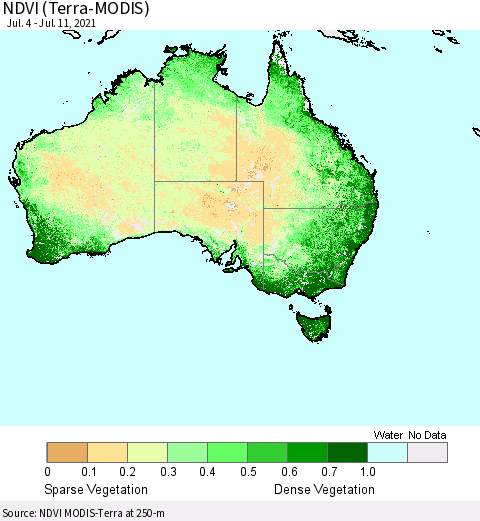 Australia NDVI (Terra-MODIS) Thematic Map For 7/4/2021 - 7/11/2021