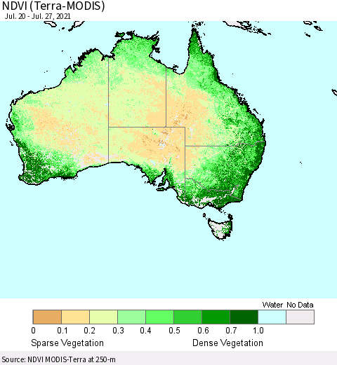Australia NDVI (Terra-MODIS) Thematic Map For 7/20/2021 - 7/27/2021