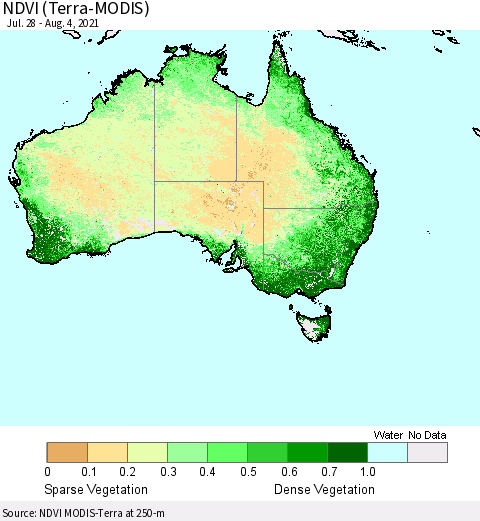 Australia NDVI (Terra-MODIS) Thematic Map For 7/28/2021 - 8/4/2021