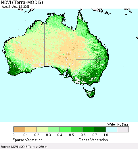 Australia NDVI (Terra-MODIS) Thematic Map For 8/5/2021 - 8/12/2021