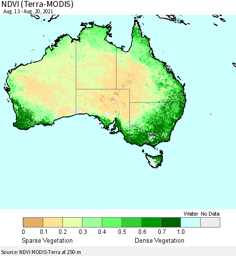 Australia NDVI (Terra-MODIS) Thematic Map For 8/13/2021 - 8/20/2021