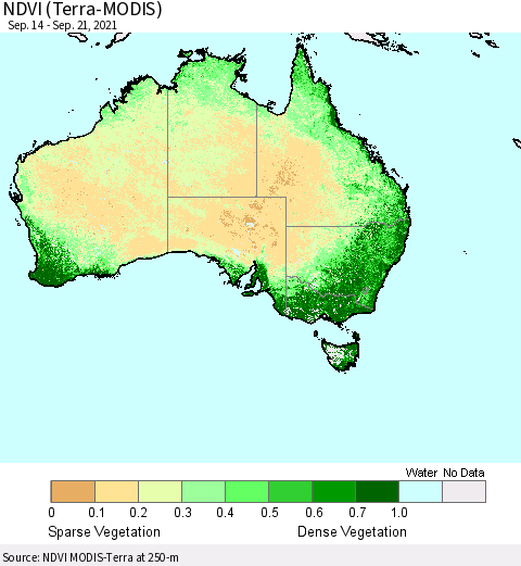 Australia NDVI (Terra-MODIS) Thematic Map For 9/14/2021 - 9/21/2021