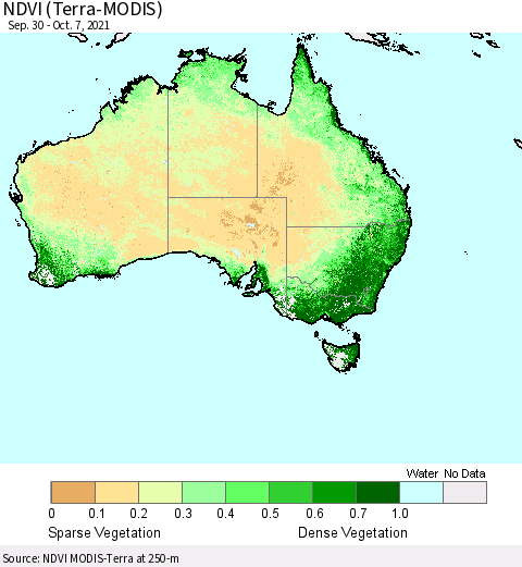 Australia NDVI (Terra-MODIS) Thematic Map For 9/30/2021 - 10/7/2021