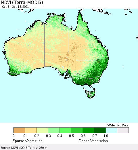Australia NDVI (Terra-MODIS) Thematic Map For 10/8/2021 - 10/15/2021