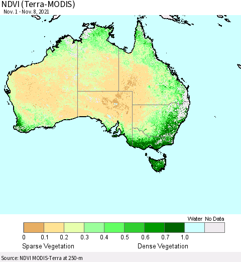 Australia NDVI (Terra-MODIS) Thematic Map For 11/1/2021 - 11/8/2021